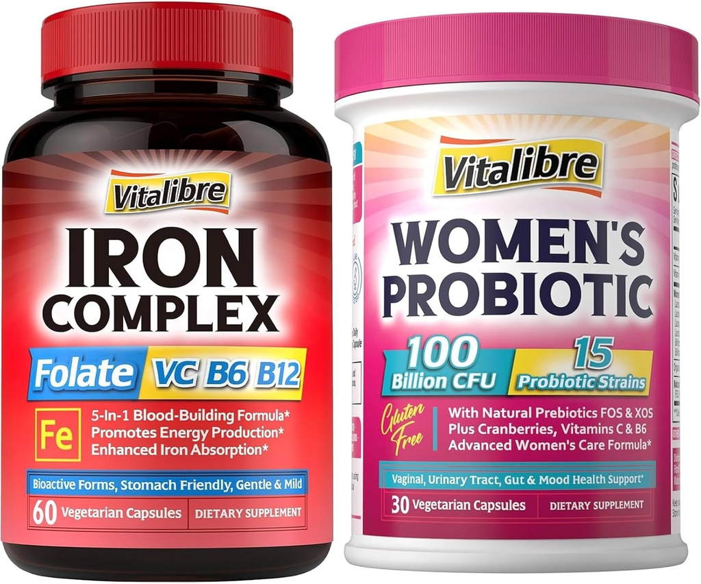 Kadınlar ve Erkekler için Demir Supplement, C, B6, B12 & Folate+Vitalibre Women's Probiyotiks 100 Milyar CFU, 15 Strains, w/Prebiyotik, Cranberry, Vitamin B6 & VC,
