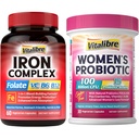 Kadınlar ve Erkekler için Demir Supplement, C, B6, B12 & Folate+Vitalibre Women's Probiyotiks 100 Milyar CFU, 15 Strains, w/Prebiyotik, Cranberry, Vitamin B6 & VC,