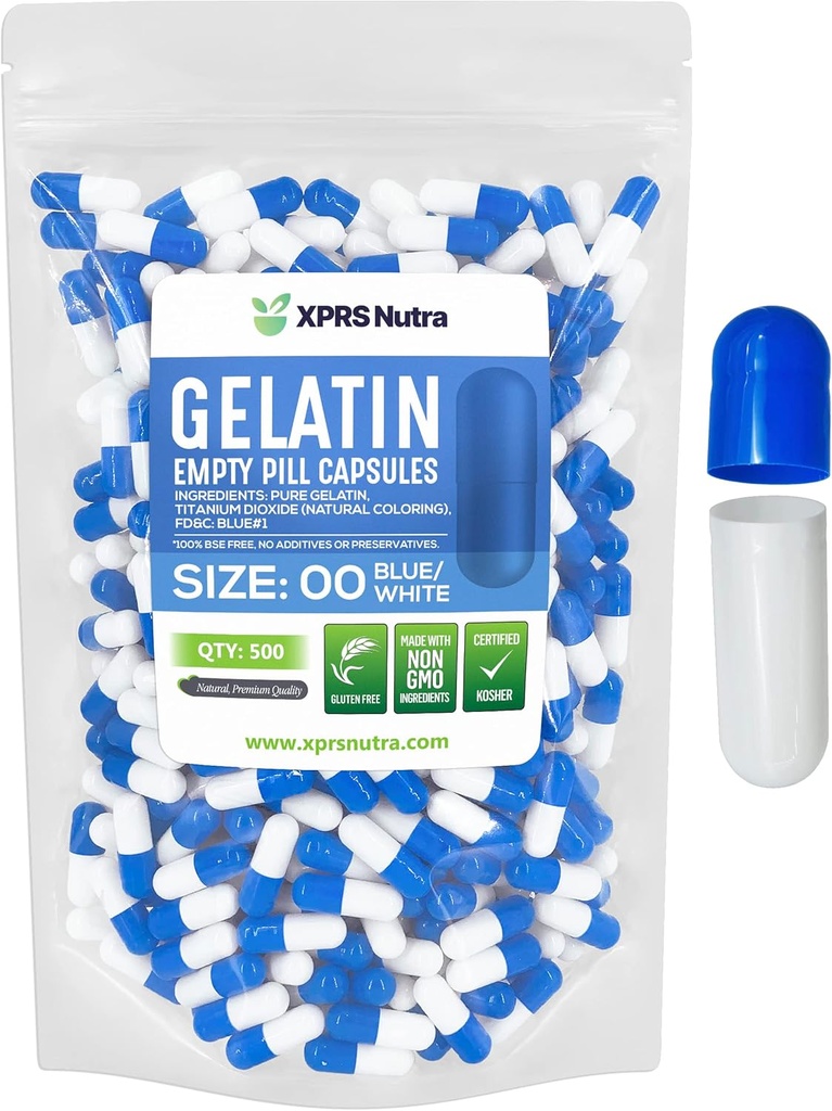 XPRS Nutra Μέγεθος 00 Κενές κάψουλες - 500 Count Empty Gelatin Κάψουλες - Χάπια DIY Καψάκιο Γέμισμα - Γέμισμα χάπια Gel Caps για Do-It-Yourself Συμπληρώματα (Blue/White)