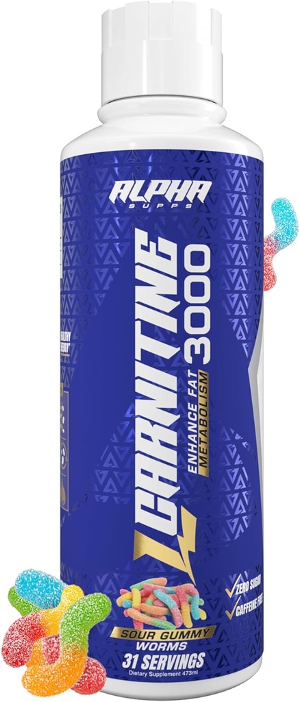 Alpha Supps L Carnitine Liquid 3000 | Stimulant-Free L-Carnitine Supplement for Men & Women | Pre-Workout Energy Boost & Muscle Recovery | Zero Sugar, Fat, & Carbs | 31 Servings (Sour Gummy Worms)