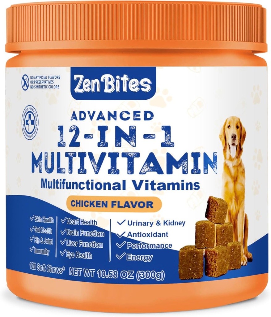 12in-1 Köpek Vitaminleri ve Probiyotikler 120 Yumuşak Chews - Köpekler için Glucosamin ile Organik Multivitamin - Tüm Çağlar için Ortak Destek Supplement,Size ve Breeds,Depres Skin,Heart,Immunity