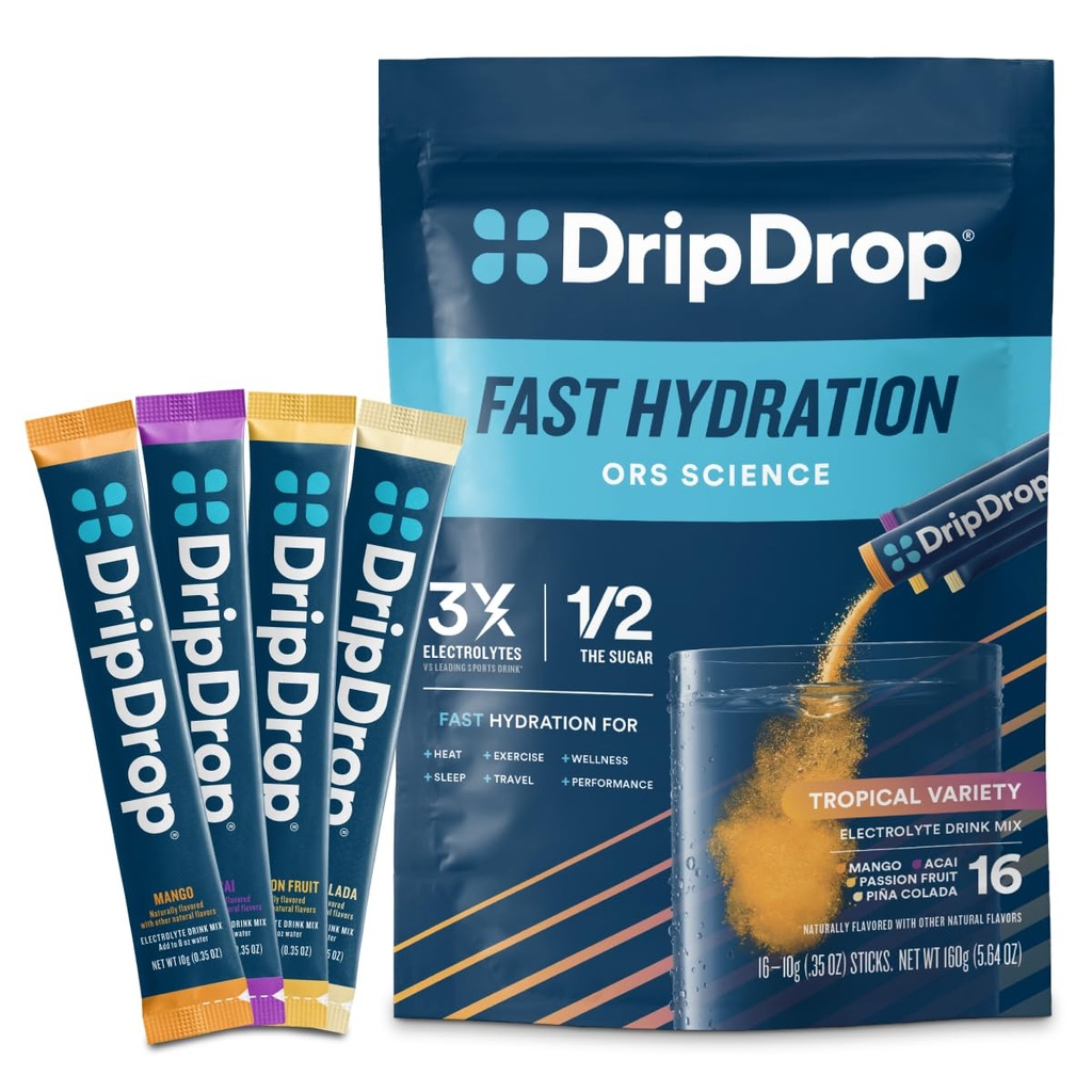 DripDrop Hydration Packets - Tropikal Çeşitli Paket - Single Serve Electrolytes Toz İçecek Mix - Mango, Açaí, Passion Fruit, Piña Colada - Non-GMO, Gluten Free, Vegan - 16 Sticks