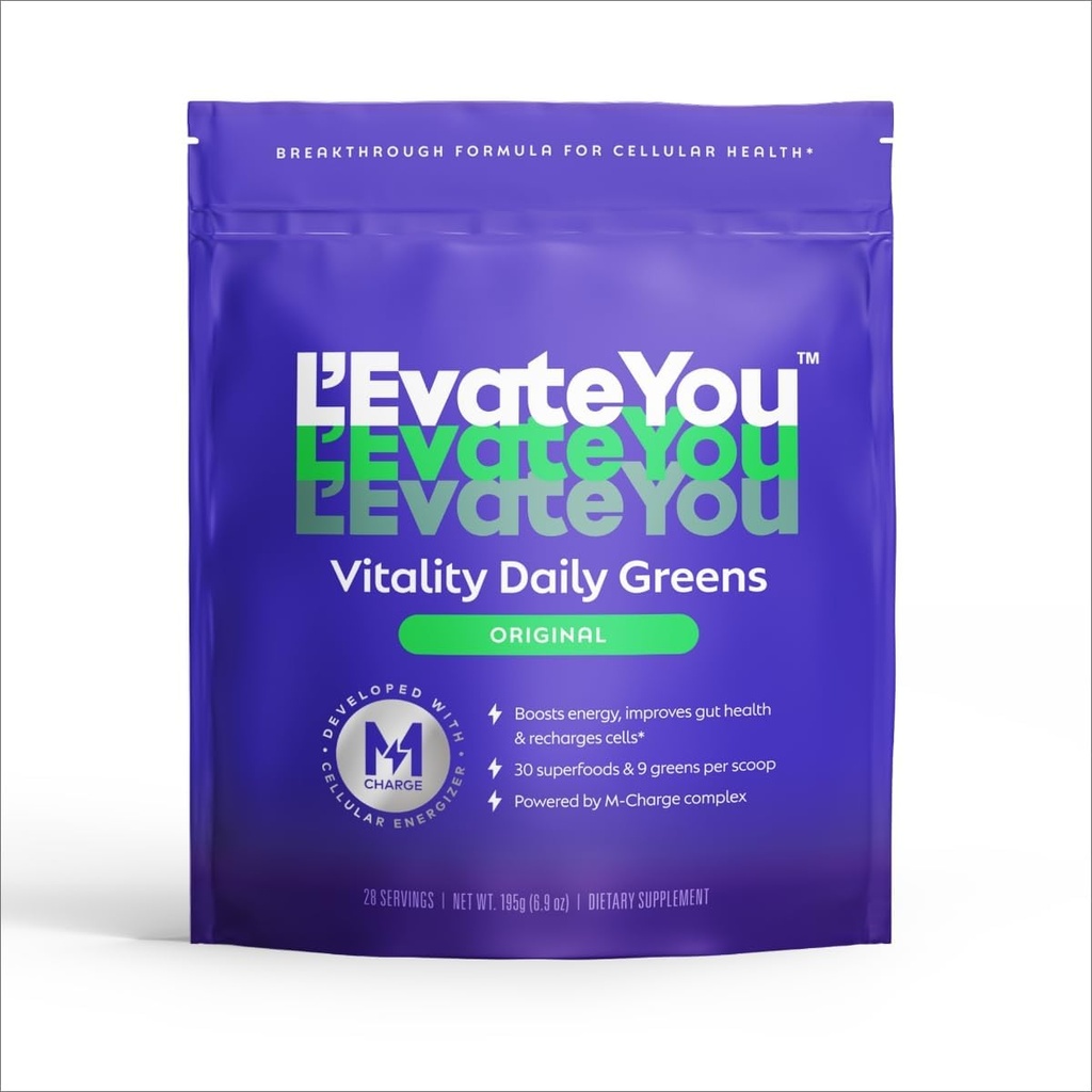 L'Evate You Vitality Daily Greens Powder (28 Services) 30 Superfoods, 9 Greens - for a Cellular Energy Boost, Powered by M-Charge Complex for All Day Energy (Πρωτότυπο)