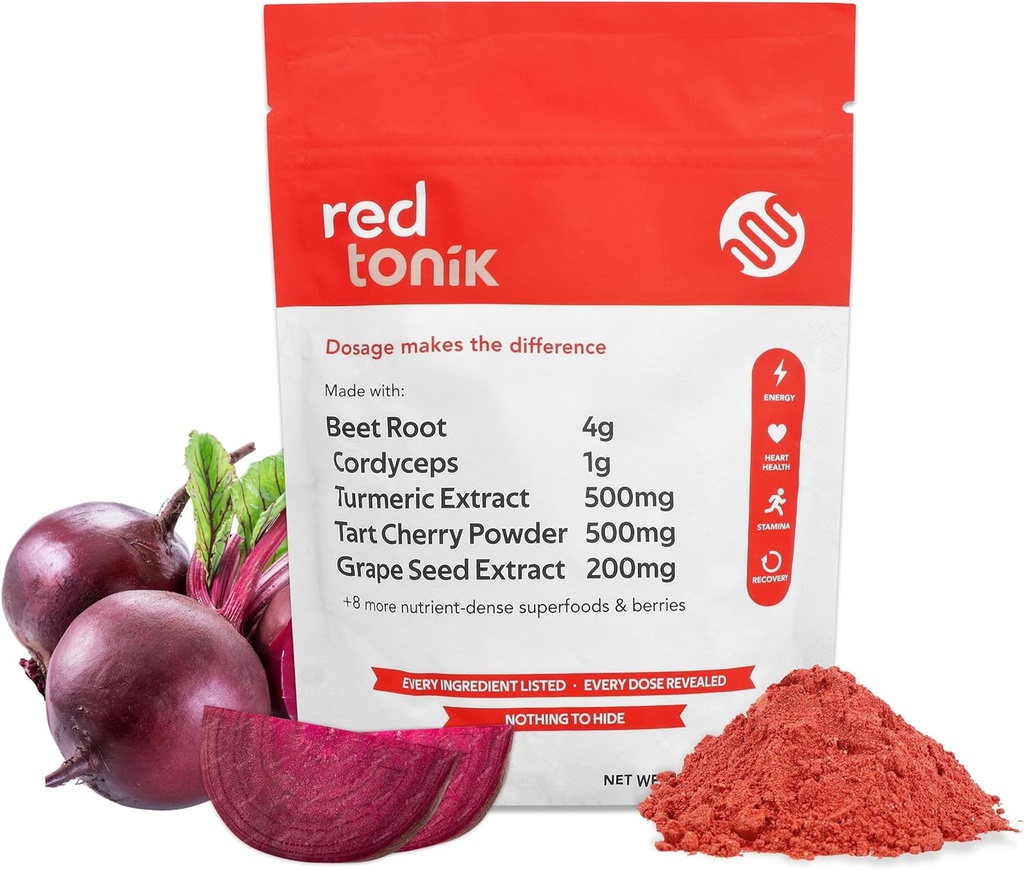 Red Tonik Superfood Toz |Beet Root |Mushroom |Turmeric |Daily Supplement with 13 Superfoods |Vitamins and Minerals |Boost Energy, Stamina |Post-Workout Recovery |Berry Flavor