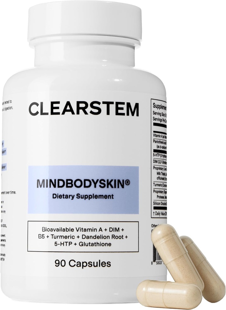 CLEARSTEM - MINDBODYSKIN συμπλήρωμα ορμονικής ακμής (5-HTP) - Φυσικό συμπλήρωμα DIM - Φροντίδα δέρματος Βιταμίνες - Ισορροπία ορμονών, αντιοξειδωτικά - Χωρίς γλουτένη, χωρίς σκληρότητα - 30 Σερβιέτες, 90 κάψουλες
