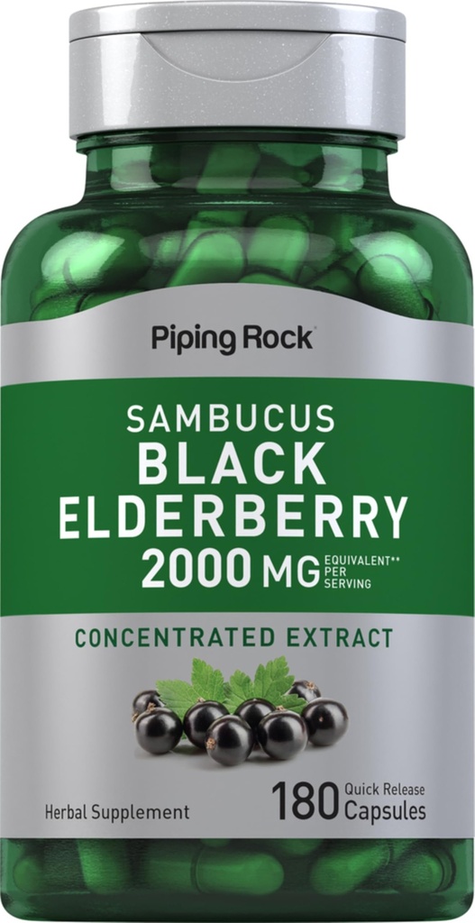 Piping Rock Elderberry Capsules | 2000 mg | 180 Pills | Sambucus Herbal Extract Supplement | Interd Extract | Non-GMO, Gluten Free