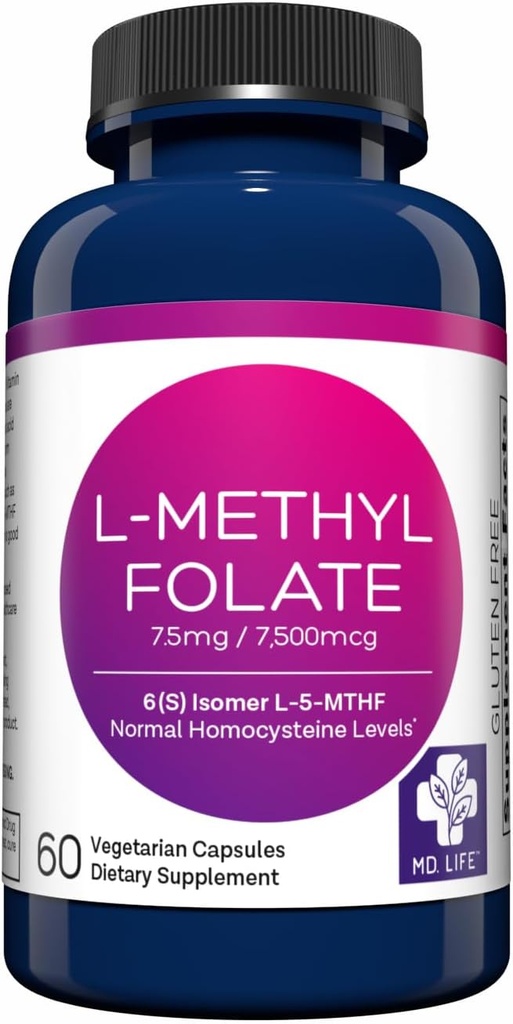 MD Life L-Methylfolate 7.5 mg Supplement - Profesyonel-Grade Active L Torchfolate Supplement - 60 Capsules - L-Methylfolate 7.5 mg - maksimum Potency MTHFR W /Esential