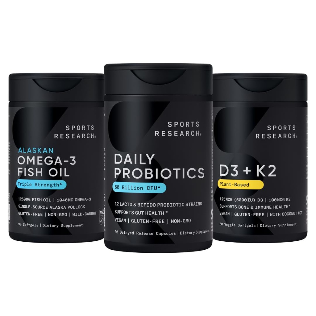 Sports Research Wild Alaskan Pollock Omega 3 Fish Oil 90 Softgels (1250 mg) + Vegan Probiyotikler Prebiyotiks, 60 Milyar CFU (30 Softgels) + 5000 IU Vitamin D + 100 Ck7 Vitamin K (60 Softgels)
