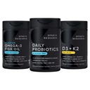Sports Research Wild Alaskan Pollock Omega 3 Fish Oil 90 Softgels (1250 mg) + Vegan Probiyotikler Prebiyotiks, 60 Milyar CFU (30 Softgels) + 5000 IU Vitamin D + 100 Ck7 Vitamin K (60 Softgels)