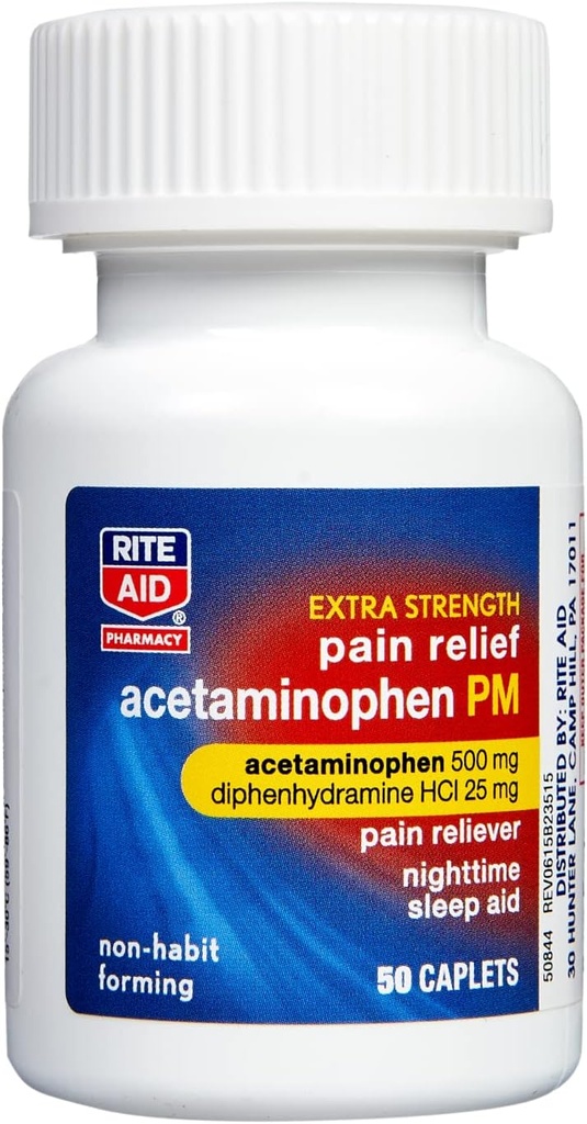 Rite Aid Extra Strength PM Pain Relief Caplets, 500 mg Acetaminophen / 25mg Diphenhydramine - 50 Count | Nighttime PM Pain Reliever + Sleep Aid | Ortak Ağrı Yardımı | Erkekler