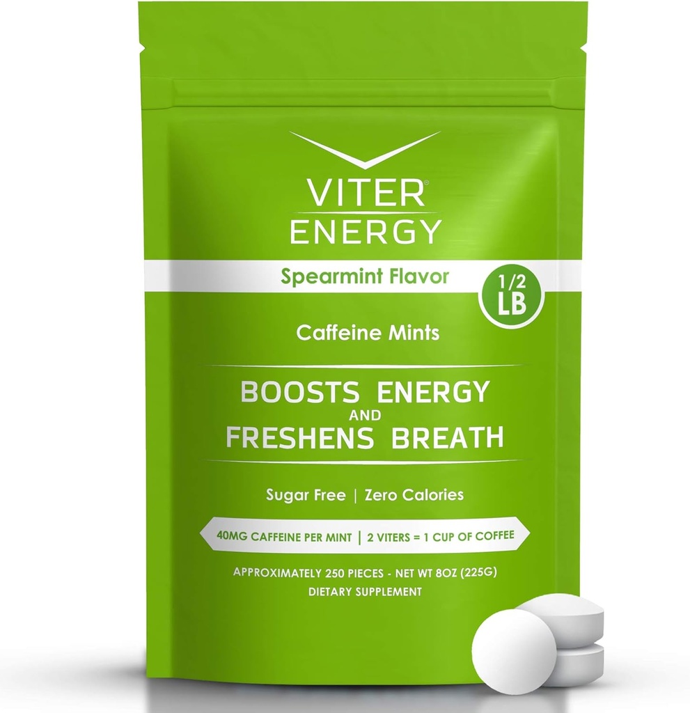 Viter Energy 40 mg Caffeine Mints - Sugar Free, B Vitamins, Vegan, Boosts Fast Energized Alert Focus, Caffeinated Nootropic Supplement Pills (Spearmint Flavor, 8oz, Bulk Bag)