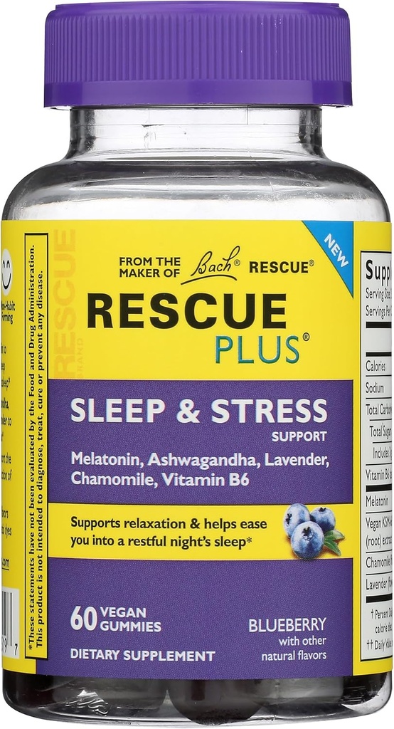 Bach Recovery Plus Sleep & Stress Support Gummies, Nighttime Diyetary Supplement with 1mg Melatonin, Ashwagandha, Chamomile, Lavender & Vitamin B6, 60 Gummies (Pazar 3)