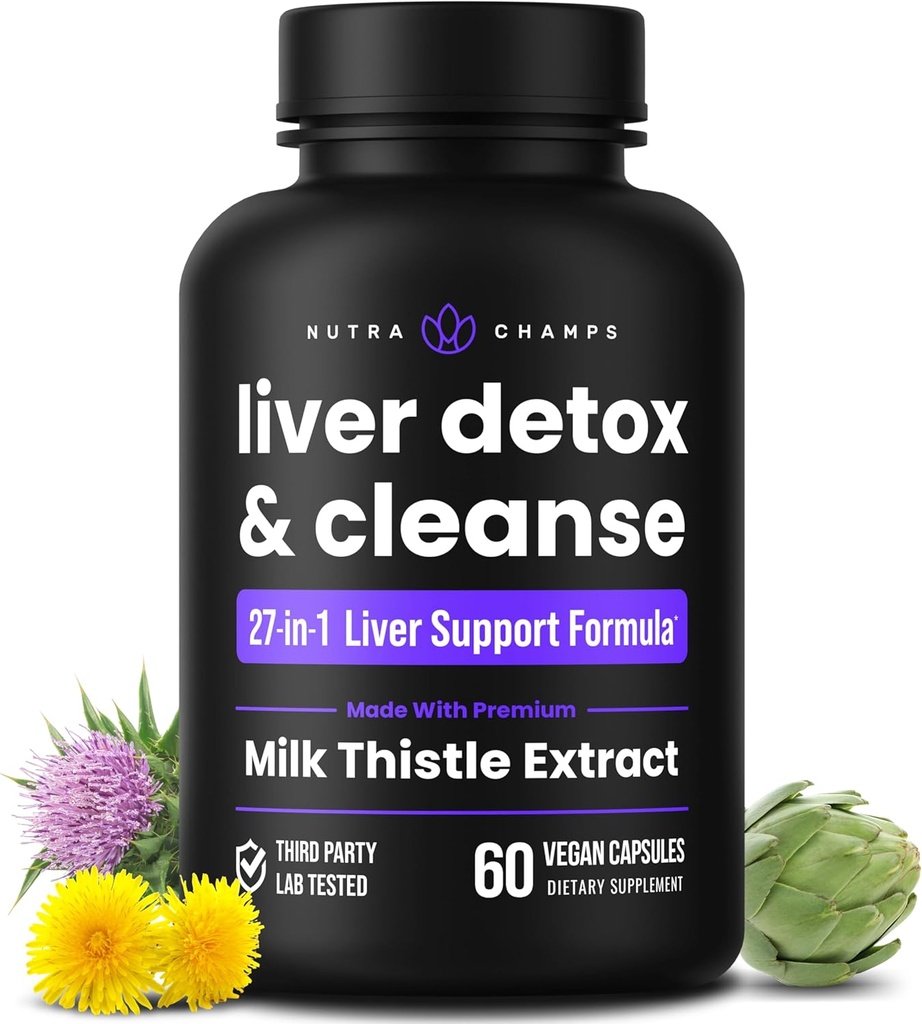 NutraChamps Liver Cleanse Detox & Tamir Formula, 20+ Herbs: Süt Butle Silymarin, Artichoke, Dandelion, Chicory Root Toz, Liver Support Pills Supplement, 60 Capsules