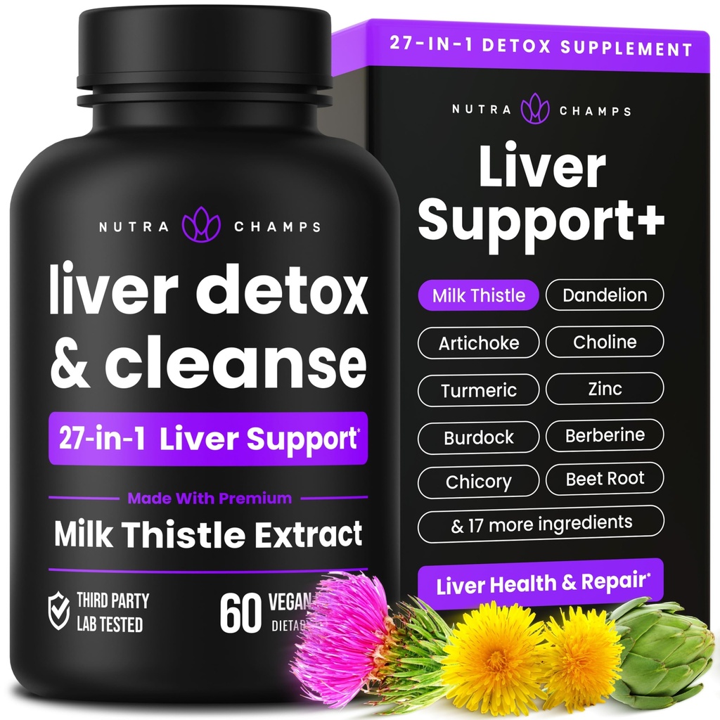 NutraChamps Liver Cleanse Detox & Tamir Formula, 20+ Herbs: Süt Butle Silymarin, Artichoke, Dandelion, Chicory Root Toz, Liver Support Pills Supplement, 60 Capsules