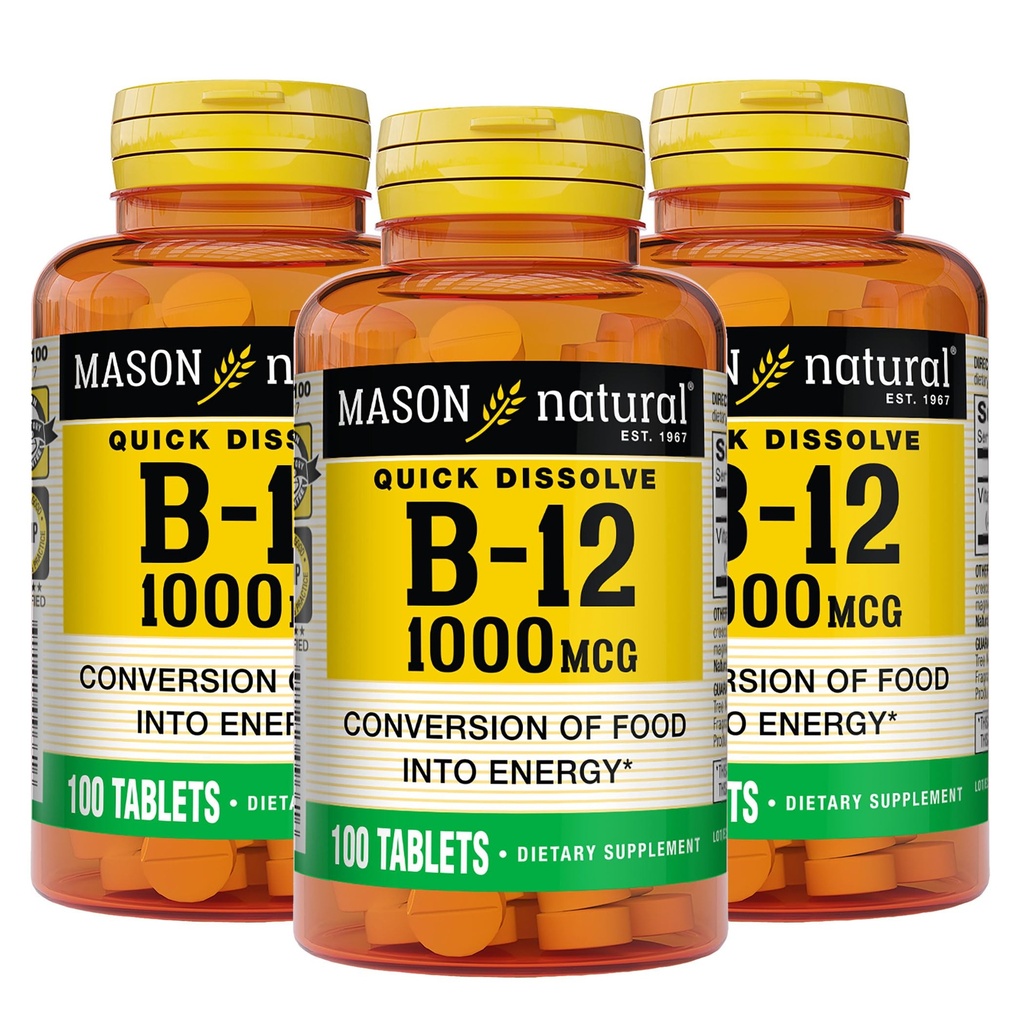 MASON NATURAL B,12 1000 mcg Quick Dissolve, 300 Günlük Gıdaların Enerjiye Dönüştürmesi (3 Pack)
