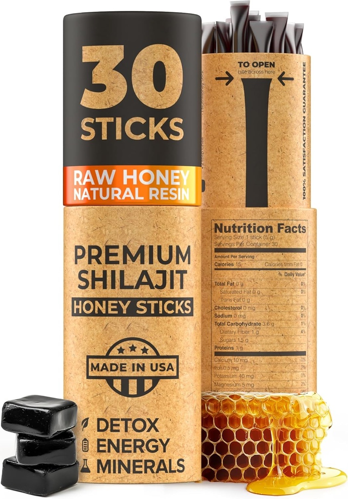 NATURAL SHILAJIT Honey Sticks - Shilajit Resin with Raw Honey, Fulvic Acid & Trace Minerals, Φυτικά θρεπτικά συστατικά για την ενέργεια, την ανοσοποιητική υποστήριξη & τη ζωτικότητα - 30 Shilajit Sticks