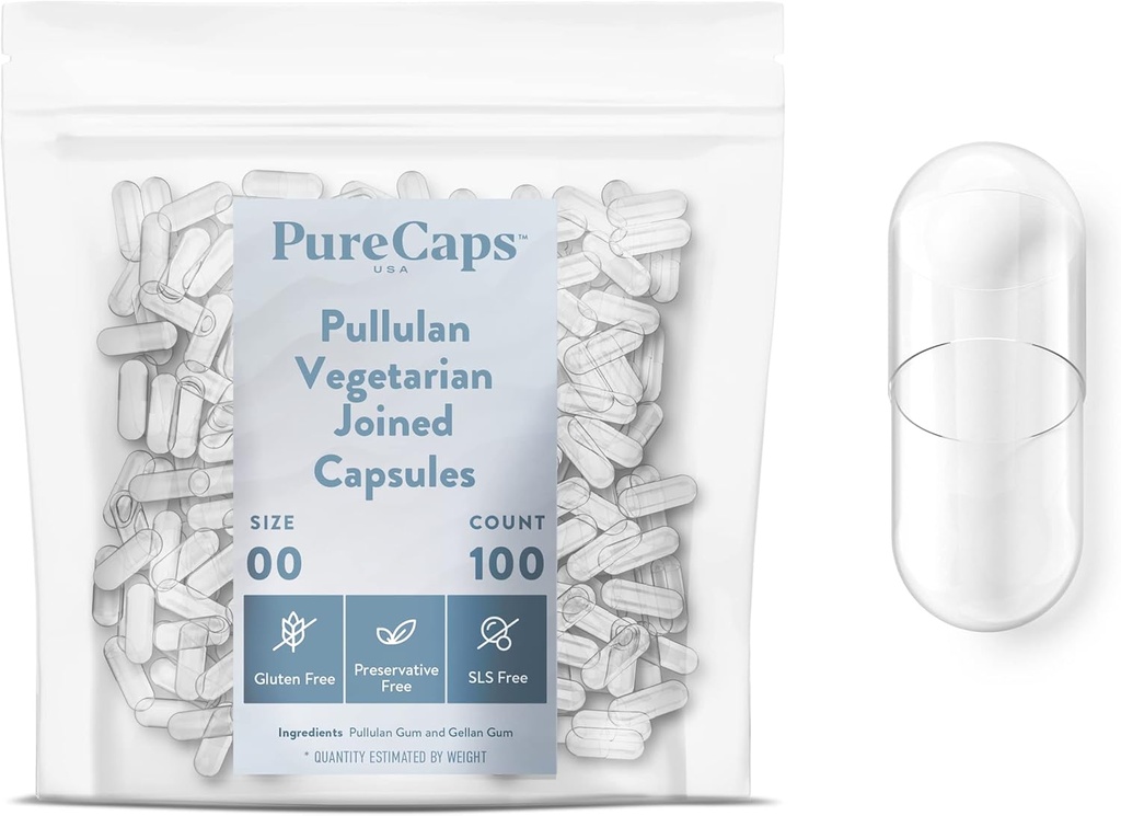 PureCaps USA - Boş Vejetaryen Vegan Pullulan Pill Capsules Boyutu 00 | 100 Joined Pills| Clear| Non-GMO sertifikalı | SLS, Gluten, Preservative Free Free