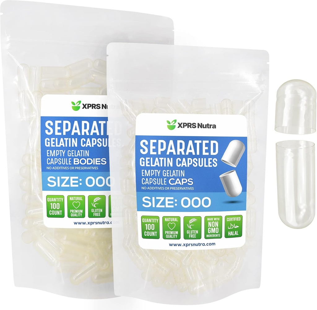 XPRS Nutra Ayrılan Capsules Boyut 000-100 Kont Büyük Boş Gelatin Capsules Çantalarda Ayrıştı - DIY Supplement için Premium Clear Boş 000 Pills