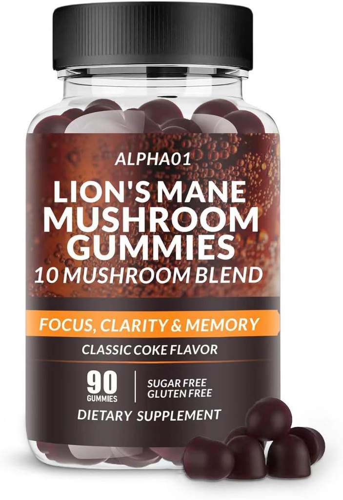 Mushroom Gummies - Ashwagandha ve Lions Mane ile 10x Mushroom Supplement - Nootropic Brain Supplement, Immune Support & Stress Relief (90 CT) Classic Coke