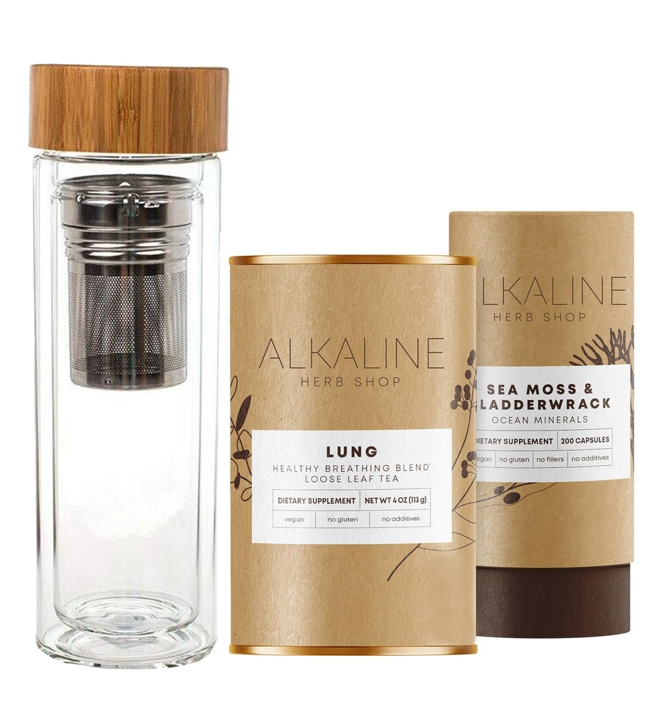 Alkaline Herb Shop Healthy Lung Bundle - Sea Moss & Bladderwrack συμπλήρωμα, Lung Tea συμπλήρωμα (Happy Lung Tea) και διπλό τοίχωμα γυαλί ποτό από ανοξείδωτο ατσάλι τσάι Μπουκάλι νερό μπαμπού 17 oz