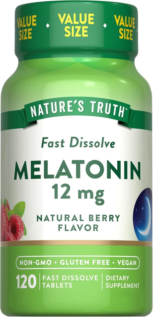 Nature's Truth Melatonin Tabletleri | 12mg | 120 Kont | Natural Berry Flavor | Hızlı Dissolve | Vegan, Non-GMO & Gluten Free Supplement Supplement
