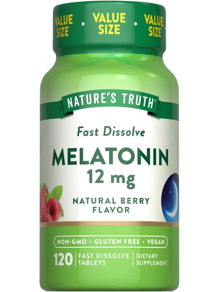 Nature's Truth Melatonin Tabletleri | 12mg | 120 Kont | Natural Berry Flavor | Hızlı Dissolve | Vegan, Non-GMO & Gluten Free Supplement Supplement