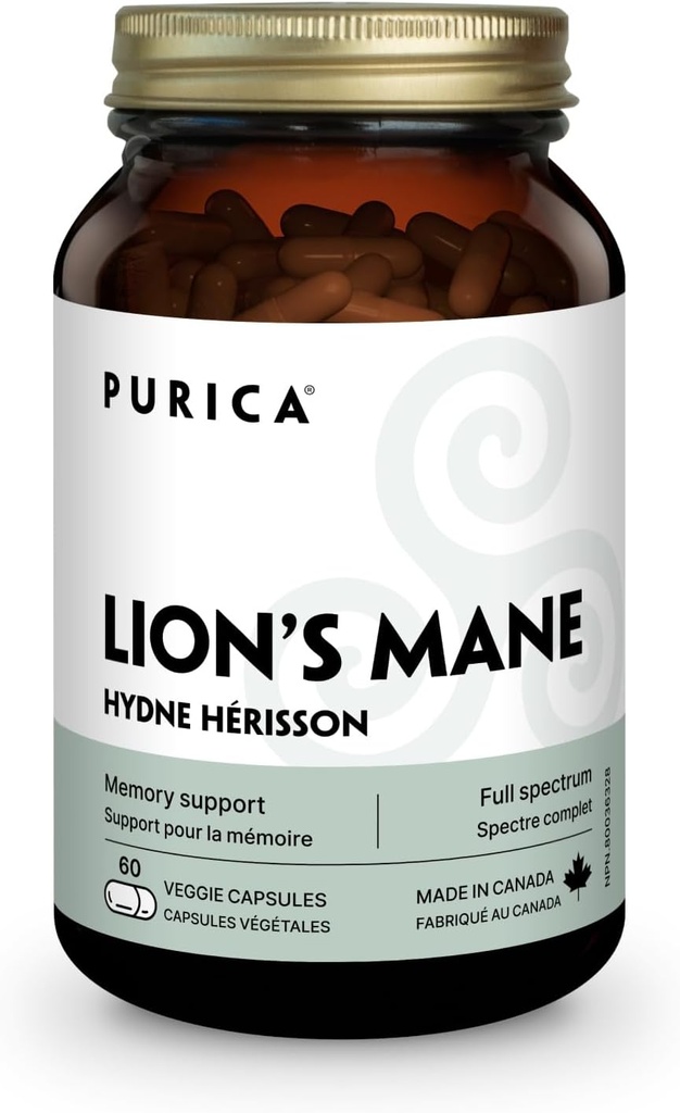 PURICA - Lion's Mane Micronized Mushrooms, 60 Vegan Capsules - Bilişsel Sağlık - Focus ve Memory Supports