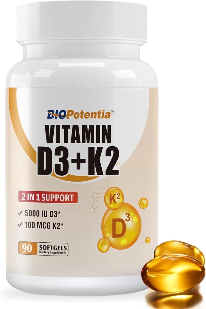 Βιταμίνη D3 K2 (MK7) Συμπλήρωμα Softgel, Βιταμίνη D3 5000 IU & K2 100MG με MCT Συμπλήρωμα Λάδι, Ανοσολογική Υποστήριξη, Οστά & Δόντια Υγεία, Χωρίς Γλουτένη, Μη-GMO