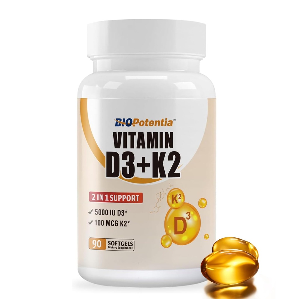 D3 K2 (MK7) Yumuşakgel Tamam, D3 5000 İ & K2 100MCG ile MCT Oil Supplement, Immune Support, Bone & Health, Gluten-Free, Non-GMO|90 Softgels