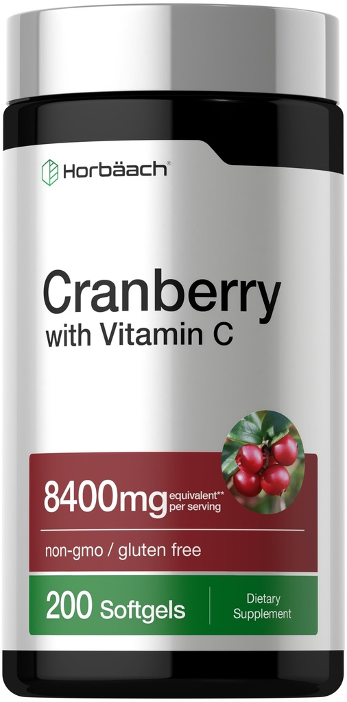Horbäach Cranberry Pills for Women and Men | 8400 mg | 200 Softgels | Vitamin C | Non-GMO, Gluten Free