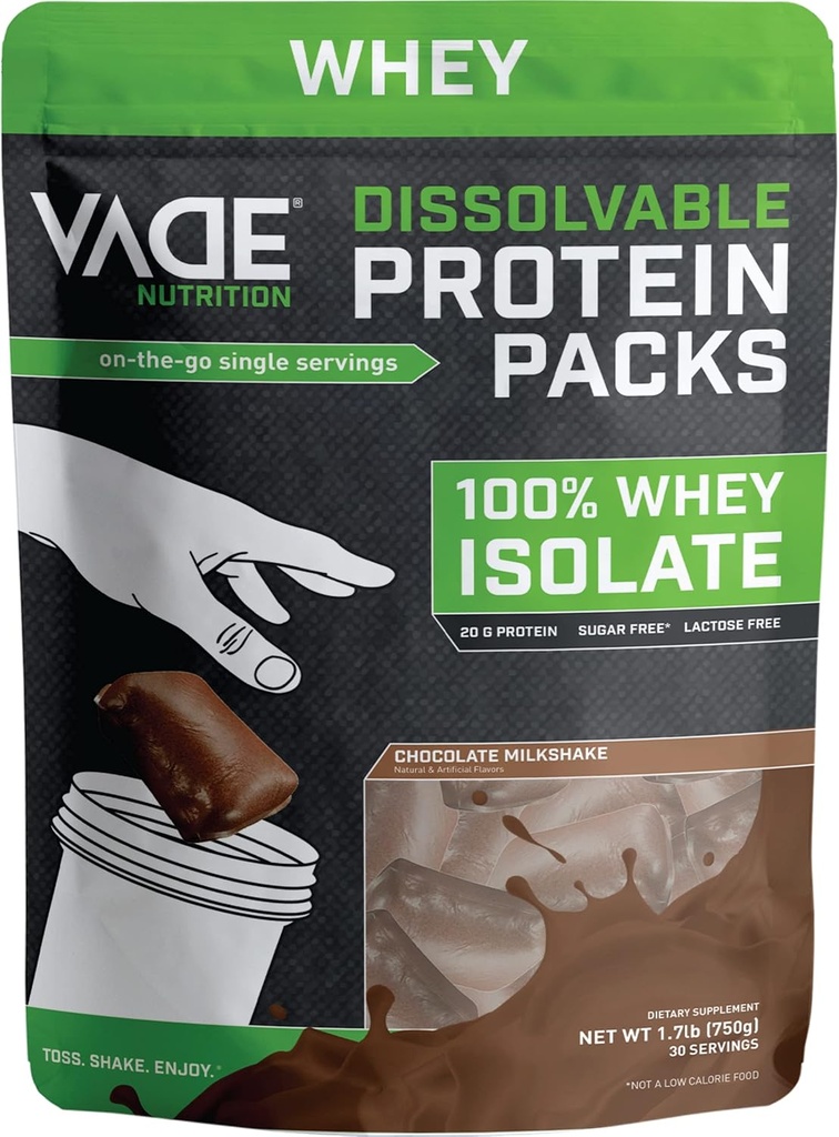 VADE Beslenme Engelli Protein Paketleri -% 100 Whey Isolate Protein Toz Çikolata Sütshake - Low Carb, Low Calorie, Lactose Free, Sugar Free, Fat Free, Gluten Free - 30 Packets to Go