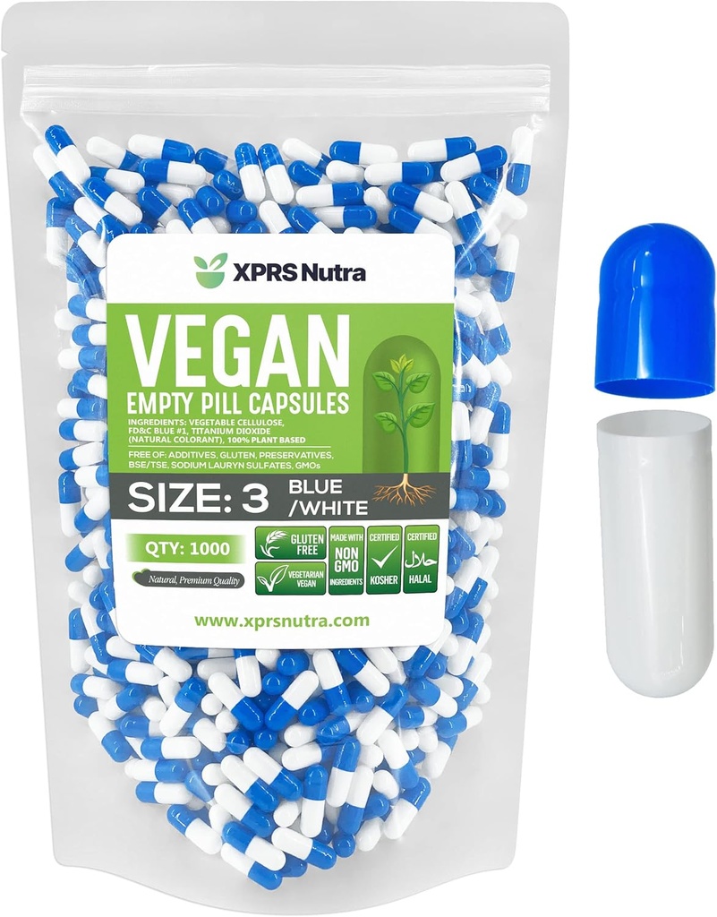 XPRS Nutra Boyutu 3 Boş Kapsüller - 1000 Kont Vegan Capsules - Vejetaryen Pills - DIY Sebze Kapsülü - Veggie Pill Caps (Mavi/Beyaz)