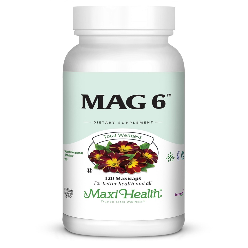 Maxi Health MAG 6 - Μαγνήσιο (ως Οξείδιο, Γλυκινικό) με Βιταμίνη Β6 - Ημικρανία, Μυϊκές Κράμπες, Νεφρική Λίθος Υποστήριξη - Συμπλήρωμα Μαγνησίου για γυναίκες & άνδρες - 120 Κάψουλες - Kosher