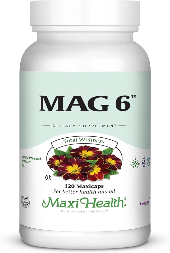 Maxi Health MAG 6 - Magnezyum (as Hoffman, Glycinate) B6 - Migraine, Kas Cramps, Kidney Stone Support - Kadınlar ve Erkekler için Magnezyum Supplement - 120 Capsules - Kosher