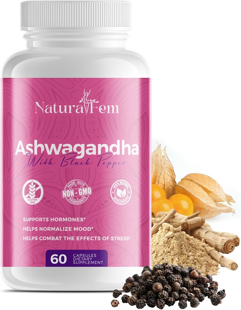 Black Pepper ile kadınlar için Doğalfem Ashwagandha Supplements - Stres Yönetimi, Hormon & Mood Support Supplement - Gluten-Free, 1300 mg. 60 Sebze Kapsülleri