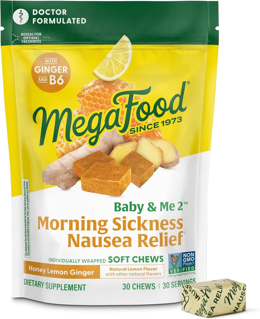 MegaFood Baby & Me Προγεννητική Πρωινή Αρωγή Ασθένειας, Τσίχλες Τζίντζερ, με Βιταμίνη Β6, Made Without 9 Food αλλεργιογόνα, Μέλι Lemon Ginger Γεύση, 30 Chews