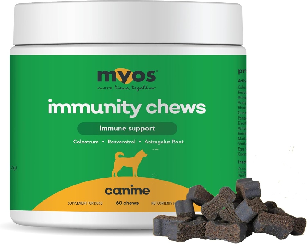 MyOS Immunity Chew for Dogs - Immune System Support, Antioksis, Helps Cellular Health & Vitality- with Colostrum, Resveratrol, Astragalus Root, and Mushrooms- Daily Chewable Supplement