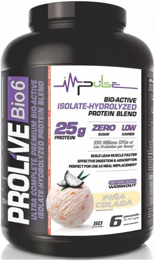 Prolive Bio6 Supplements 25gr of Ultra Complete Premium, Bio-Active, Isolate-Hidrolyzed Protein plad, Low Carb, Zero Sugar and 5g BCC - Piña Colada Flavor - 6 LBS Total Total