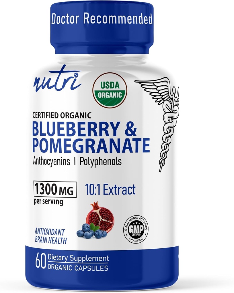Nature's Fusions Nutri Organic Supplement 1300 mg - 800 mg 10:1 Blueberry Extract & 500 mg 10:1 Pomegranate Ekstraksiyon - USDA Organik - 60 Capsules