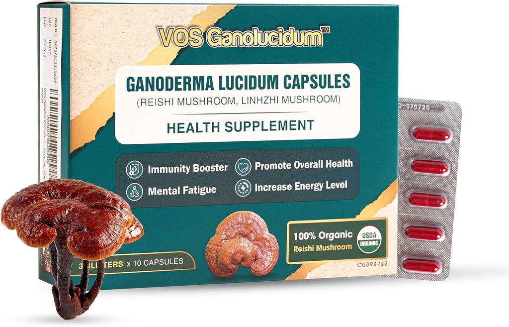 Red Reishi Mushroom Capsules for Immunity, Ganoderma lucidum Extract, Natural Vegan Reishi Mushrooms Daily, 70 mg, 30 Capsules
