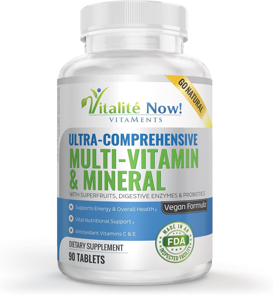 Vegan Whole Food Multivitamin & Mineral - Vitaminler A B1 B2 B6 B12 C D3 E & 110 Süper Gıdalar, Herbs, Greens & Reds - Enzymes & Probiyotiks for Immune Support - Energy Boost - 90 Tabletler
