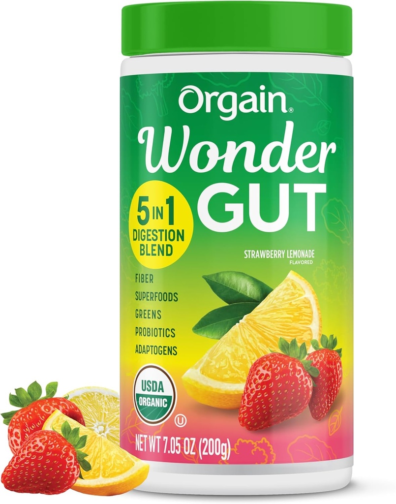 Orgain Organic Wonder Gut Fiber Supplement Toz, 1 Milyar Probiyotik, Yeşiller, C vitamini, Gut Health ve Immune Support, Non-GMO, Strawberry Lemonade, 7.05 oz