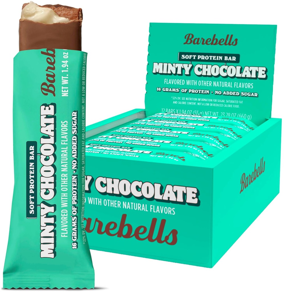 Barebells Yumuşak Protein Barlar, Minty Chocolate - 12 Kont, 16g High Protein Tedavileri - 1g Total Sugars ile Çikolata Beslenme Bar - Go Kahvaltı veya Post-Workout Snack