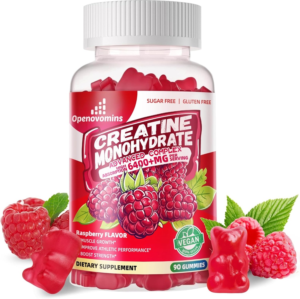 Creatine Monohydrate Gummies Complex 6400mg for Men & Women -Advanced Formula W/L-Taurine + Vitamin B12, Sugar Free Chewable Supplement,90 Raspberry Gummies