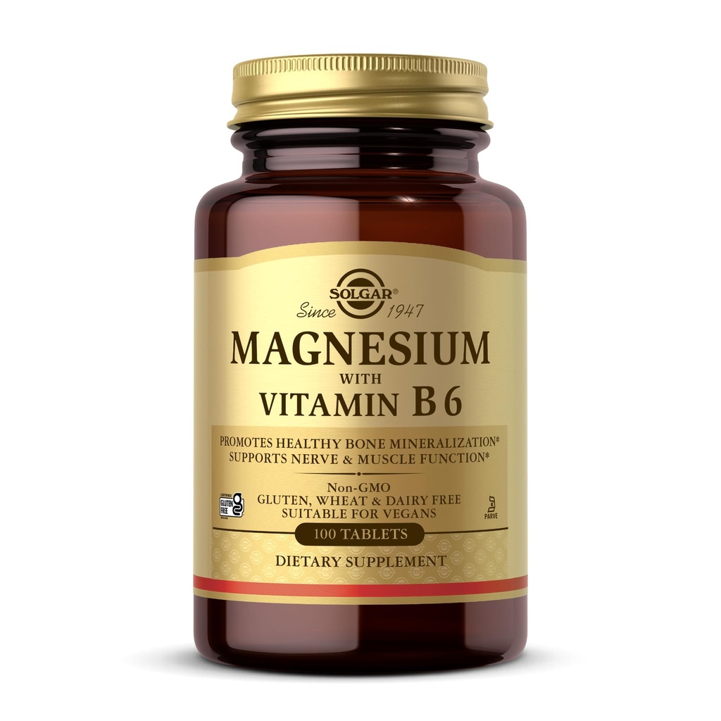 Solgar Magnesium with Vitamin B6, 100 Tablets - Προώθηση της υγιούς οστέινης ορυκτοποίησης, υποστήριξη νευρώνων & μυών λειτουργία, ενέργεια Μεταβολισμός - μη GMO, Vegan, χωρίς γλουτένη, χωρίς γαλακτοκομικά, Kosher - 33 υπηρεσίες