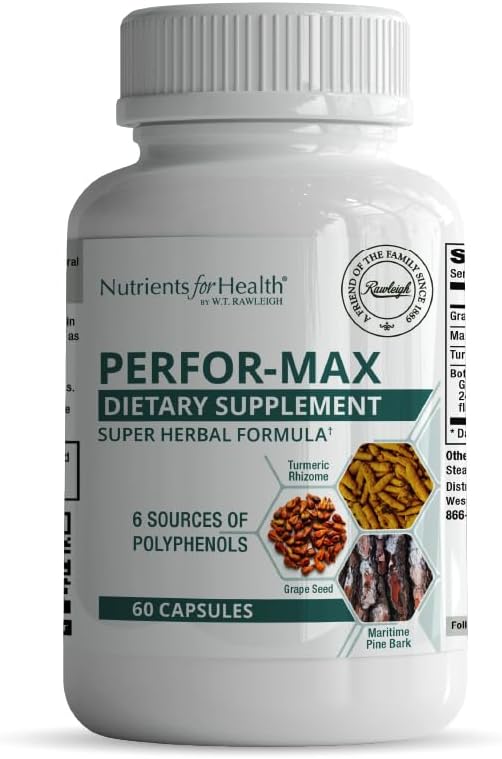 Rawleigh Perfor-Max 60 Capsules: Herbal Supplement, Grape Seed, Pine Bark, Turmeric, Green Tea, Hawthorn & Rosemary Extracts for Heart Health & Immunity, Gluten Free