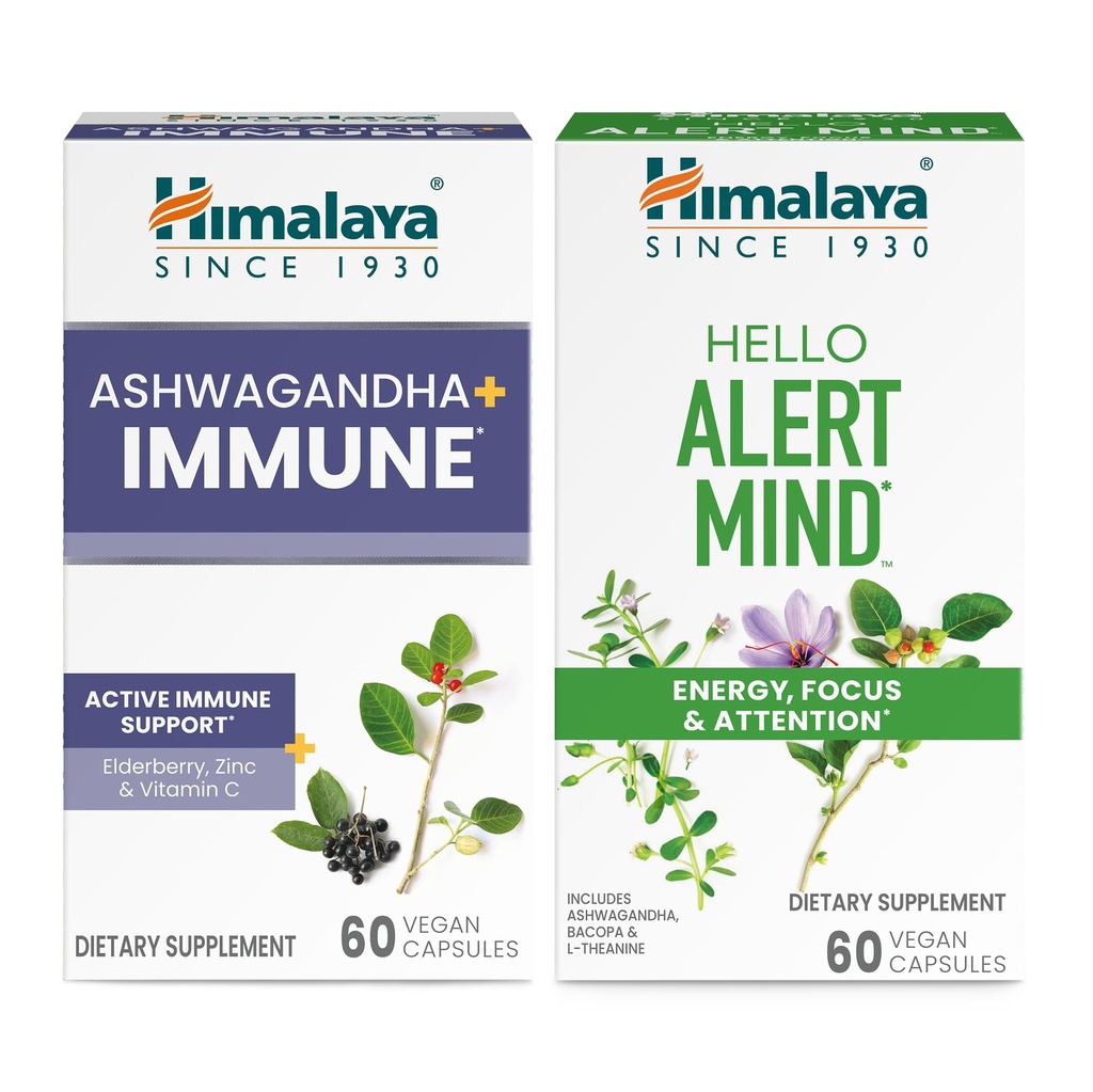 Himalaya Ashwagandha +Immune with Vitamin C for Active Immune Support & Hello Alert Mind for Energy, Focus & Dikkat, 60 Capsules Every - Schen