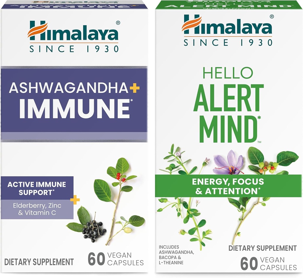 Himalaya Ashwagandha +Immune with Vitamin C for Active Immune Support & Hello Alert Mind for Energy, Focus & Dikkat, 60 Capsules Every - Schen