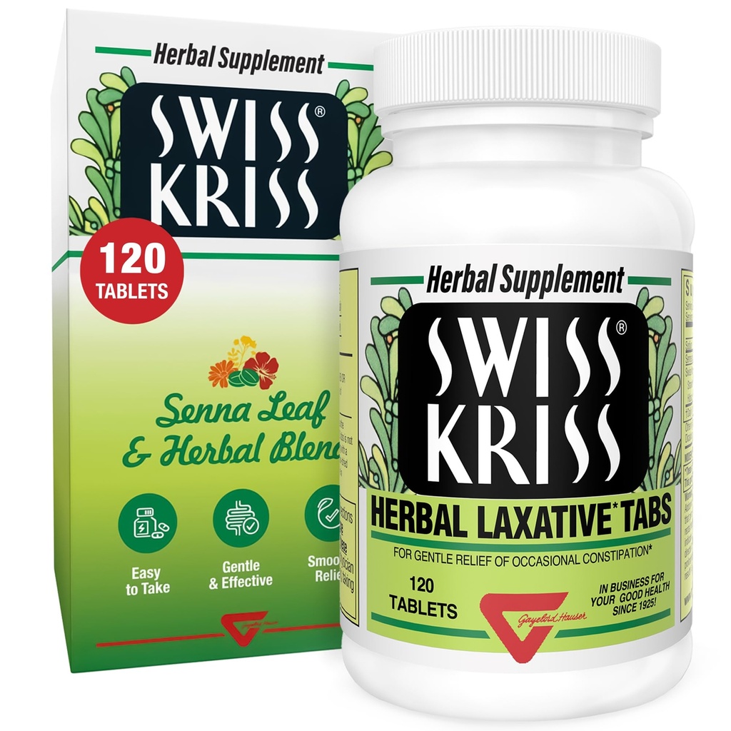 İsviçre Kriss Herbal Laxative Tabletleri, Yetişkinler ve Çocuklar için Sonsuzluk Yardımı 6-12 Saat İçinde Çalışıyor, Senna Laxative, 120 Tablet Toplam Toplam