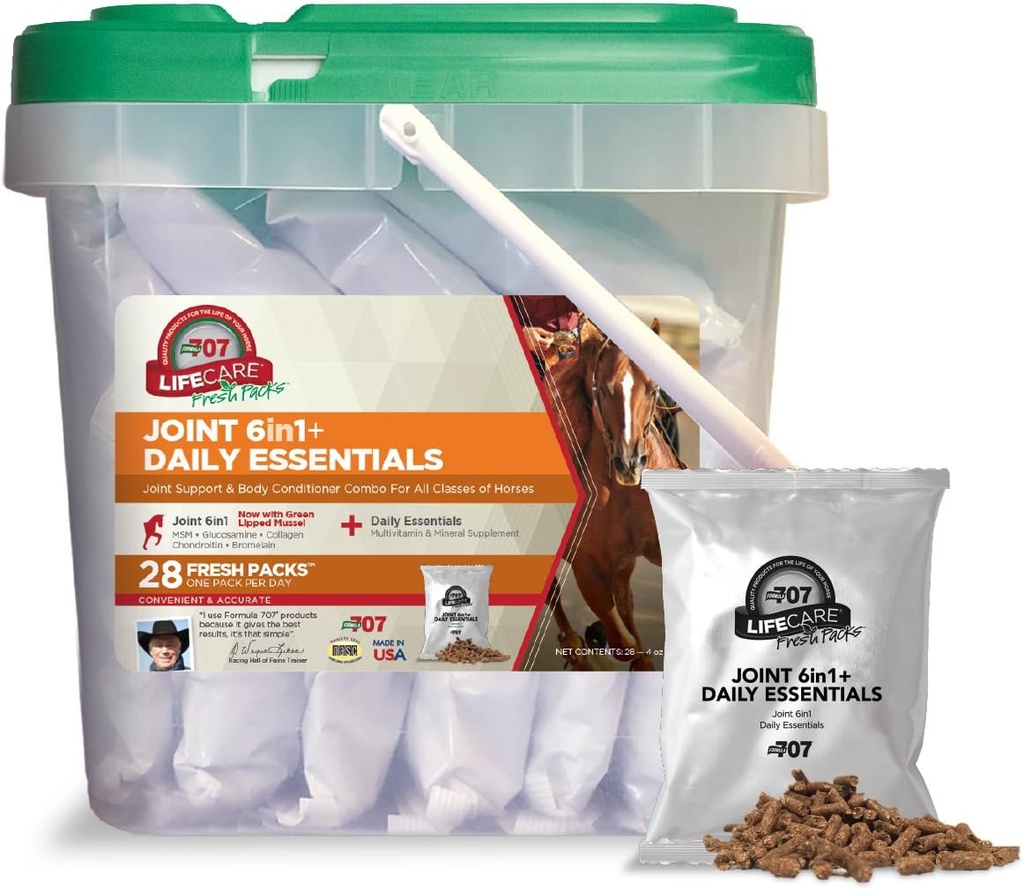 Formula 707 Joint 6in1 + Daily Essentials Combo Fresh Packs Equine Supplement, 28 Day Supply: Πράσινο-Liped Mussel, Γλυκοζαμίνη, Chondroitin, Collagen, Bromelain & MSM + Πλήρης Βιταμίνες